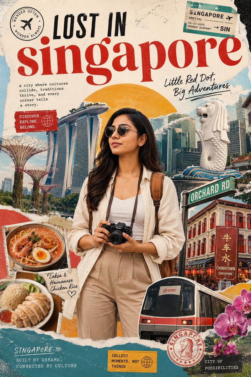 为[country]创作一张风格化的旅行海报 / 图形拼贴作品。主体应是一位时尚的国际游客，正在[country]旅行，且明确呈现为旅行者而非当地居民。游客需身着现代旅行服饰，并配饰相机、背包...