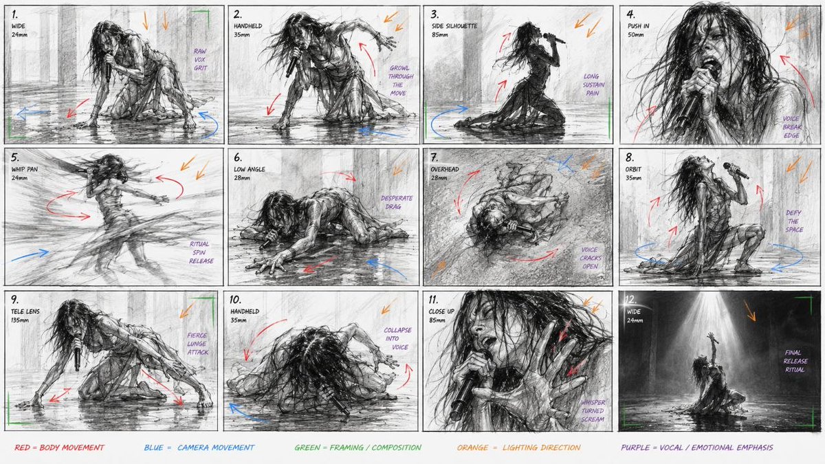 分镜脚本的 GPT Image 2 提示词： 创建一个原始的当代舞蹈表演分镜脚本,聚焦于强烈的肢体动作和现场演唱。使用参考图片作为角色参考。16...