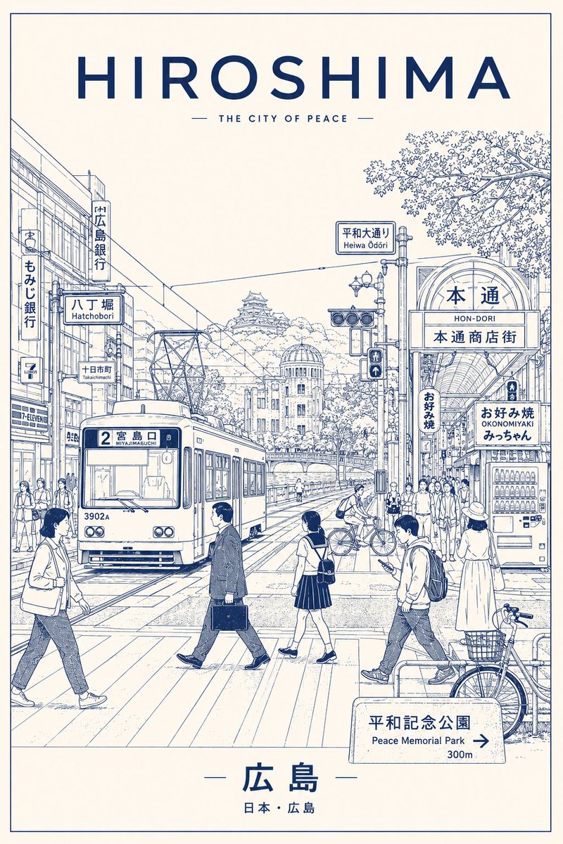 使用 GPT Image 2.0 于 ChatGPT 创建 Prompt（广岛市版）： 为广岛（HIROSHIMA）创作一张极简、超高分辨率的线稿风格旅行海报，将这座城市描绘为时尚的日常都市场...