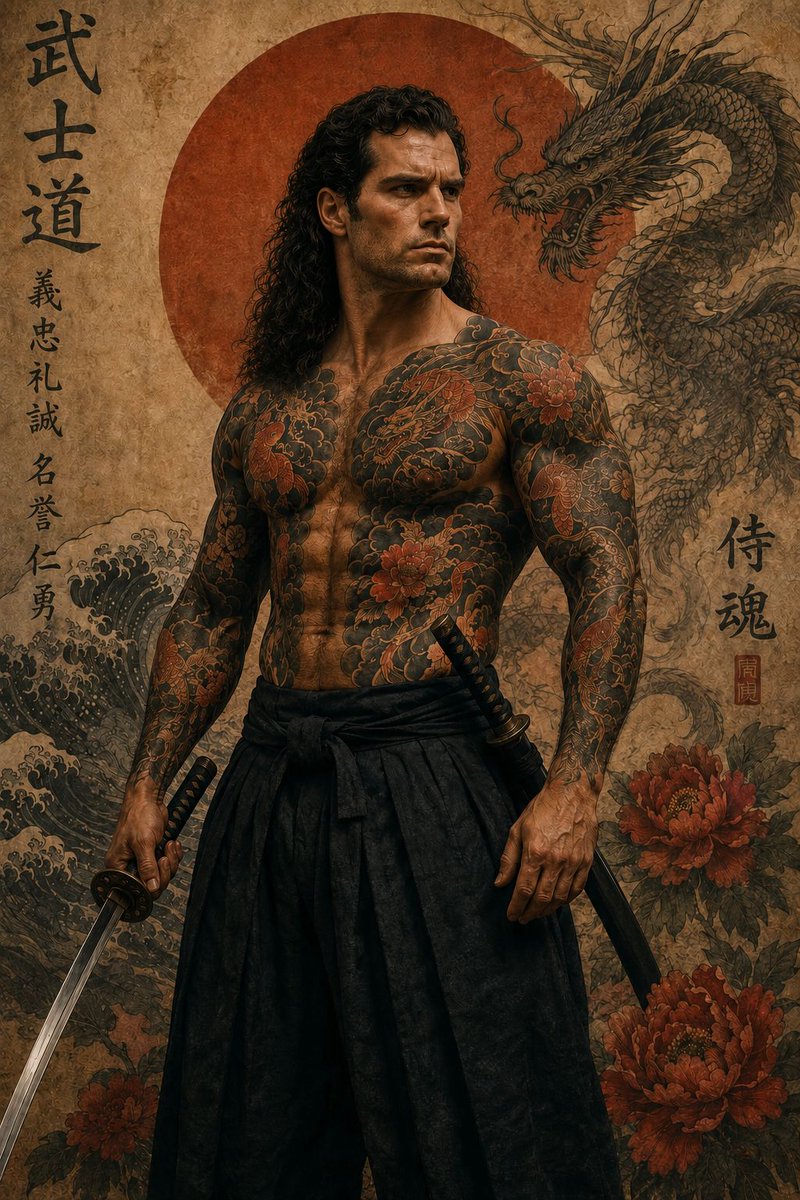 不仅是一幅肖像。 一帧之间，尽显武士时代。⚔️🔥 将自己化身为传奇武士,拥有电影级纹身、日式艺术美学,以及超写实细节,仿佛直接从电影海报中走出。 这个提示在每次生成中都极具冲击力 😮‍💨🫯 立...