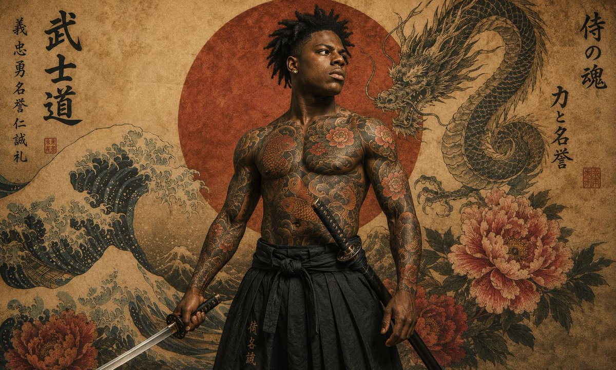不仅是一幅肖像。 一帧之间，尽显武士时代。⚔️🔥 将自己化身为传奇武士,拥有电影级纹身、日式艺术美学,以及超写实细节,仿佛直接从电影海报中走出。 这个提示在每次生成中都极具冲击力 😮‍💨🫯 立...