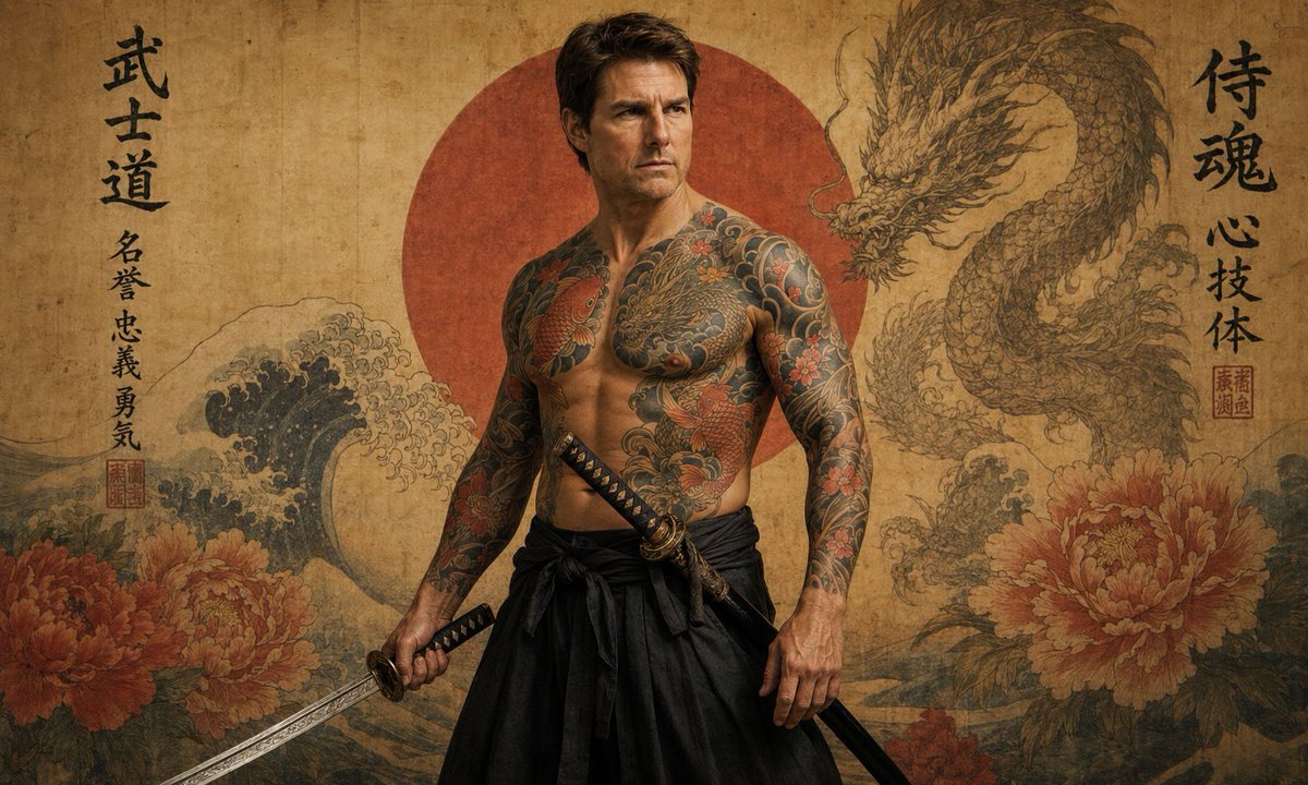 不仅是一幅肖像。 一帧之间，尽显武士时代。⚔️🔥 将自己化身为传奇武士,拥有电影级纹身、日式艺术美学,以及超写实细节,仿佛直接从电影海报中走出。 这个提示在每次生成中都极具冲击力 😮‍💨🫯 立...