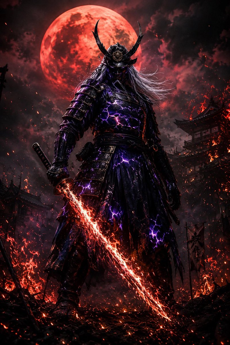 古代日本武士军阀屹立于燃烧的红月之下，黑色铠甲上绽放着紫色裂纹，刀身缠绕着炽烈的火花，电影般的阴影，日本黑暗奇幻风格，Unreal Engine 渲染质感，极致写实与动漫的融合，烟雾与余烬弥漫...