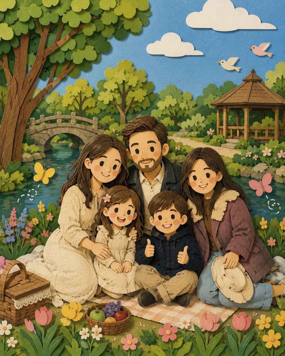 由 Chatgpt 上的 GPT Image 2 生成图像 提示词 👇 创作一幅情侣浪漫肖像画，采用分层剪纸艺术风格，二人并肩站立于一片美丽的绿...