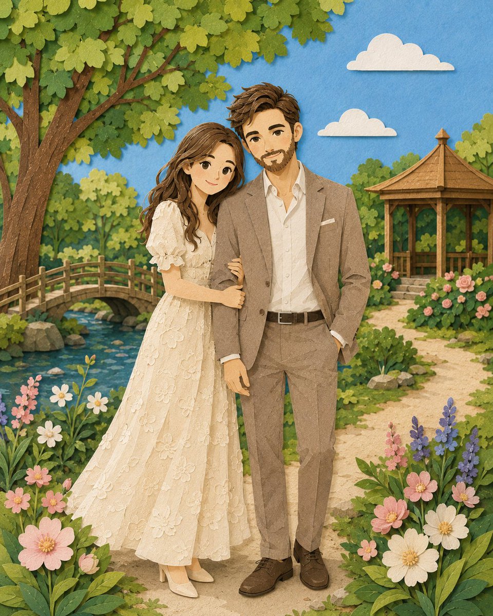 由 Chatgpt 上的 GPT Image 2 生成图像 提示词 👇 创作一幅情侣浪漫肖像画，采用分层剪纸艺术风格，二人并肩站立于一片美丽的绿色公园之中。女士身着优雅飘逸的碎花连衣裙，色调为...