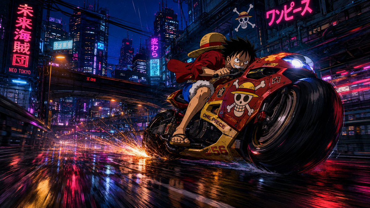 [角色]，来自[系列作品]，其服装和身体特征完全忠实于原始设计，俯身骑乘一辆未来主义摩托车，在凌晨3点全速穿越新东京被雨水浸透的高架公路。 摩托车经过定制，配备了专属于该角色的符号、颜色、纹理...