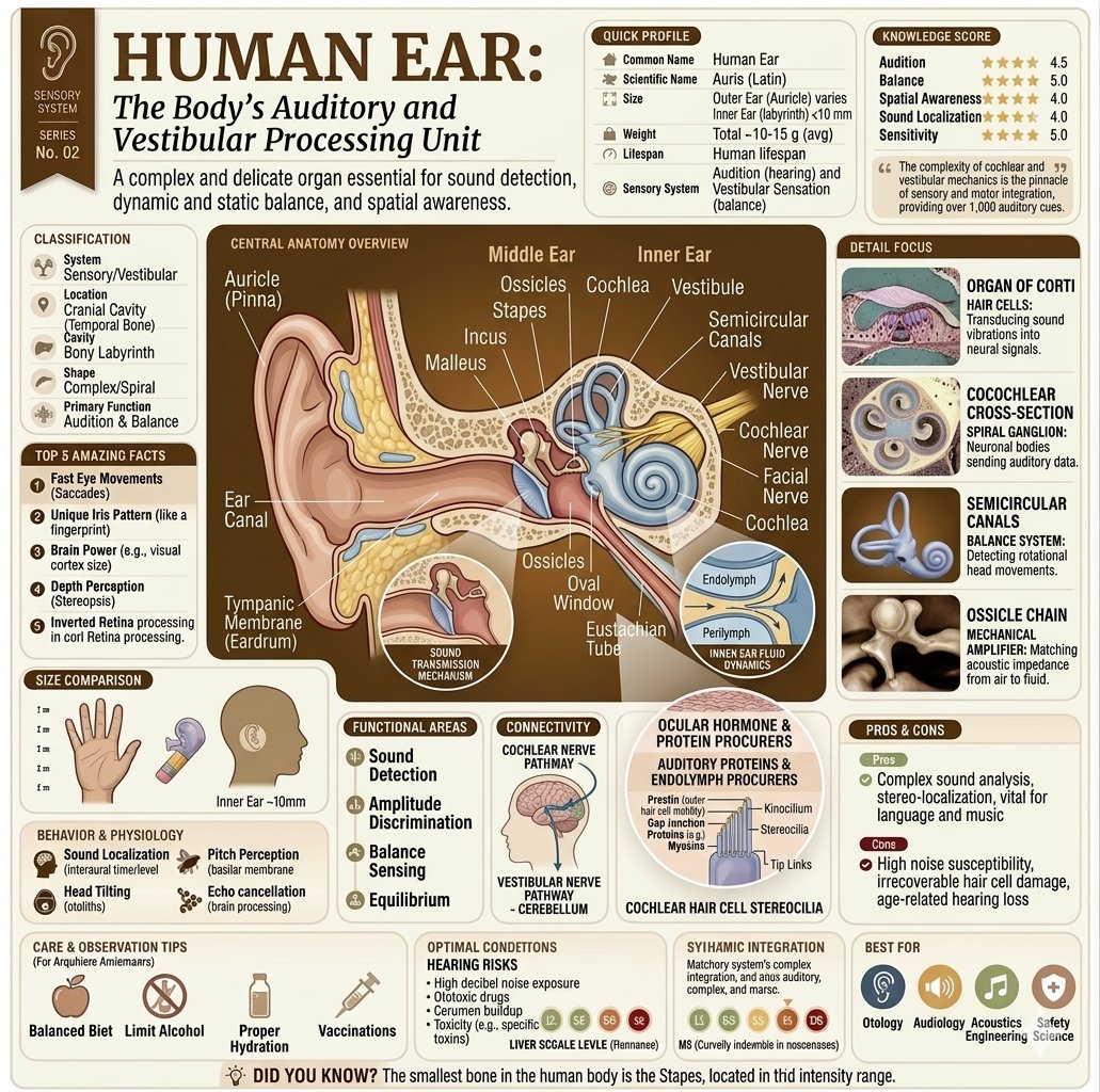 这些详尽的信息图表展示了人眼与人耳复杂的感官系统，突显了它们作为人体视觉与听觉/前庭处理主要器官的角色。两张图表均采用结构化的临床式布局，包含解剖图示、"快速概览"（Quick Profile...
