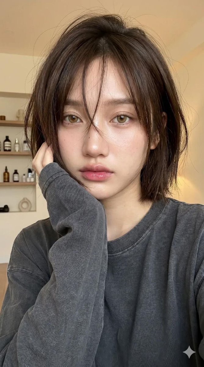 一张超写实的年轻女性特写肖像（使用我的脸），室内温暖柔和的光线。构图是半身镜头（从胸部到头部），相机角度略低且略微倾斜，营造出随性、自拍般的氛围。 主要焦点在面部和头发。 面部特征为明亮、玻璃...