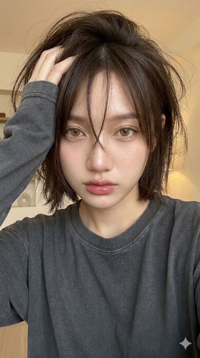 一张超写实的年轻女性特写肖像（使用我的脸），室内温暖柔和的光线。构图是半身镜头（从胸部到头部），相机角度略低且略微倾斜，营造出随性、自拍般的氛围。 主要焦点在面部和头发。 面部特征为明亮、玻璃...