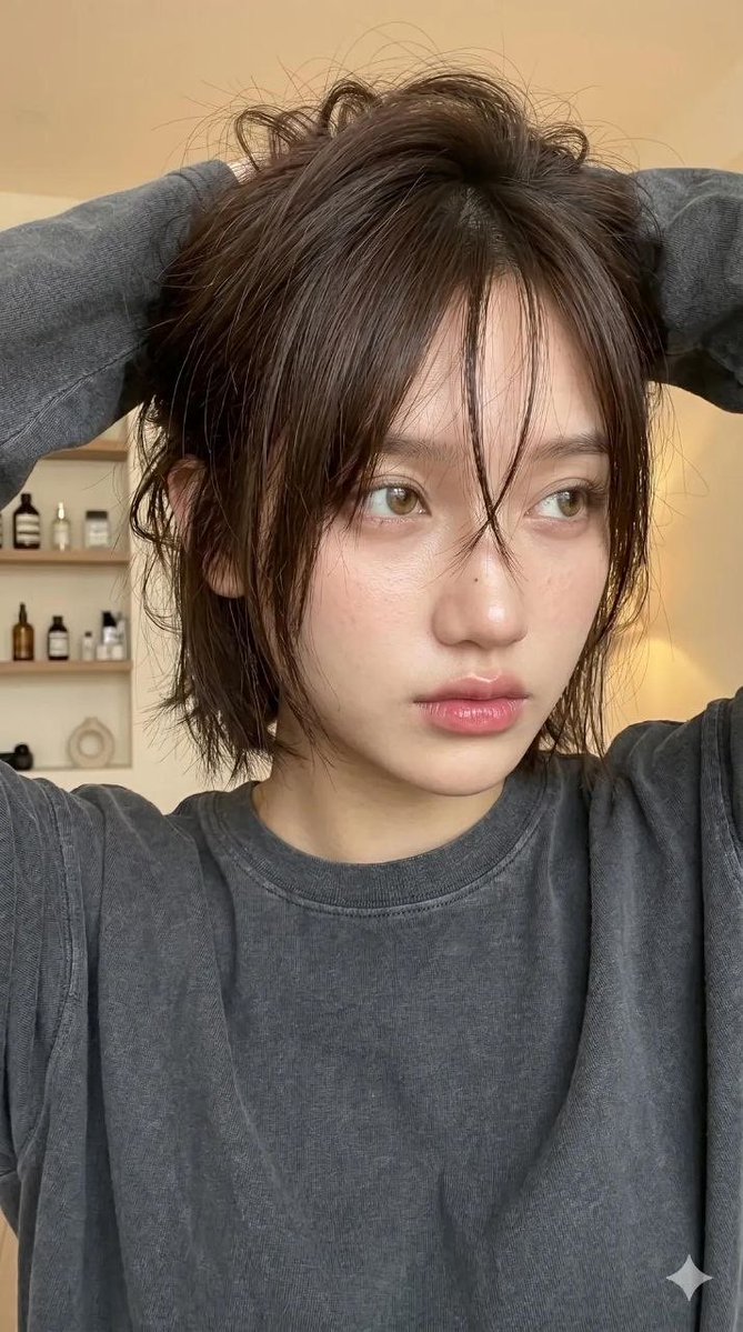 一张超写实的年轻女性特写肖像（使用我的脸），室内温暖柔和的光线。构图是半身镜头（从胸部到头部），相机角度略低且略微倾斜，营造出随性、自拍般的氛围。 主要焦点在面部和头发。 面部特征为明亮、玻璃...