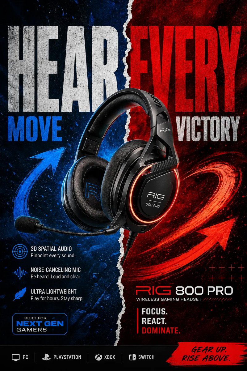 GPT IMAGE 2 ON CHATGPT Prompt 1 Gaming Headset Split-Theme Poster Epic gaming headset advertisem...