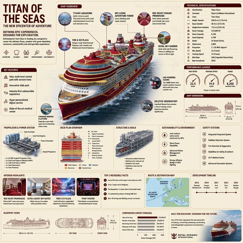 一张超详细的垂直信息图海报,主题为一艘名为“Titan of the Seas”(海洋巨人)的虚构豪华邮轮。核心视觉是一艘巨大的多层甲板邮轮,采用精致的深红色与金色配色方案呈现。https:/...