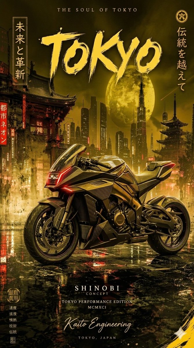 这四幅图像描绘了一辆未来感的碳纤维运动摩托车，背景为夜晚雨后湿漉漉的、霓虹灯闪烁的日本城市景观。该系列以垂直海报的形式展示一款"Shinobi Concept"（忍者概念）摩托车，配以粗犷有力...