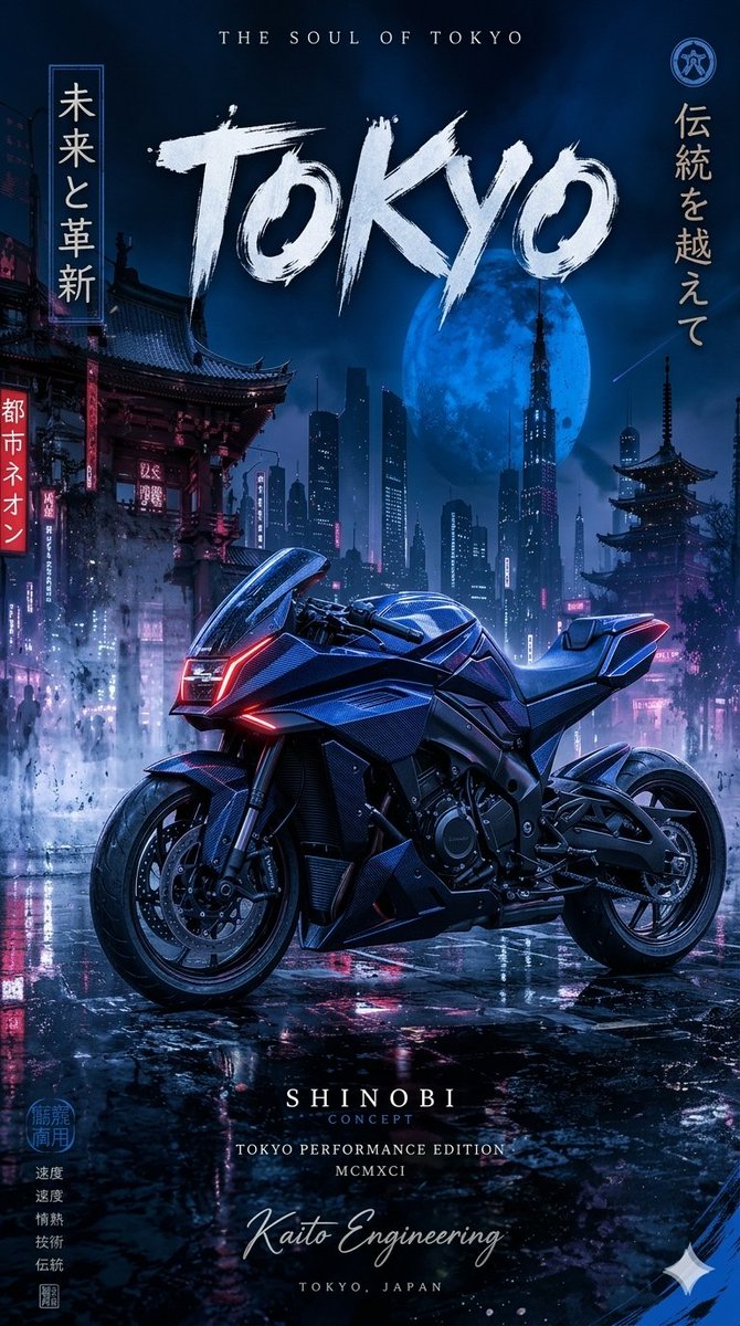 这四幅图像描绘了一辆未来感的碳纤维运动摩托车，背景为夜晚雨后湿漉漉的、霓虹灯闪烁的日本城市景观。该系列以垂直海报的形式展示一款"Shinobi Concept"（忍者概念）摩托车，配以粗犷有力...