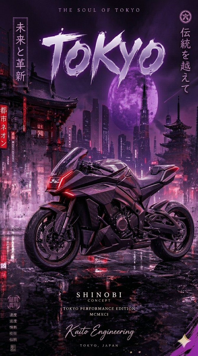 这四幅图像描绘了一辆未来感的碳纤维运动摩托车，背景为夜晚雨后湿漉漉的、霓虹灯闪烁的日本城市景观。该系列以垂直海报的形式展示一款"Shinobi Concept"（忍者概念）摩托车，配以粗犷有力...