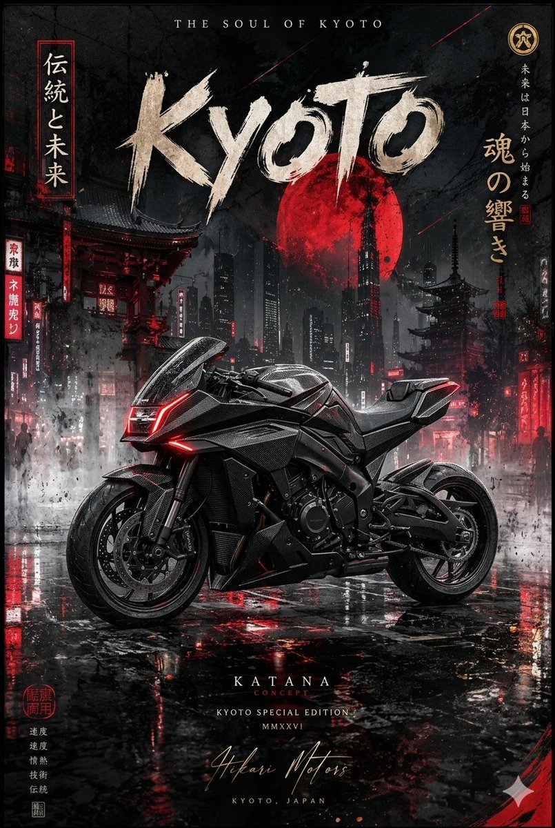 这四幅图像描绘了一辆未来感的碳纤维运动摩托车，背景为夜晚雨后湿漉漉的、霓虹灯闪烁的日本城市景观。该系列以垂直海报的形式展示一款"Shinobi Concept"（忍者概念）摩托车，配以粗犷有力...