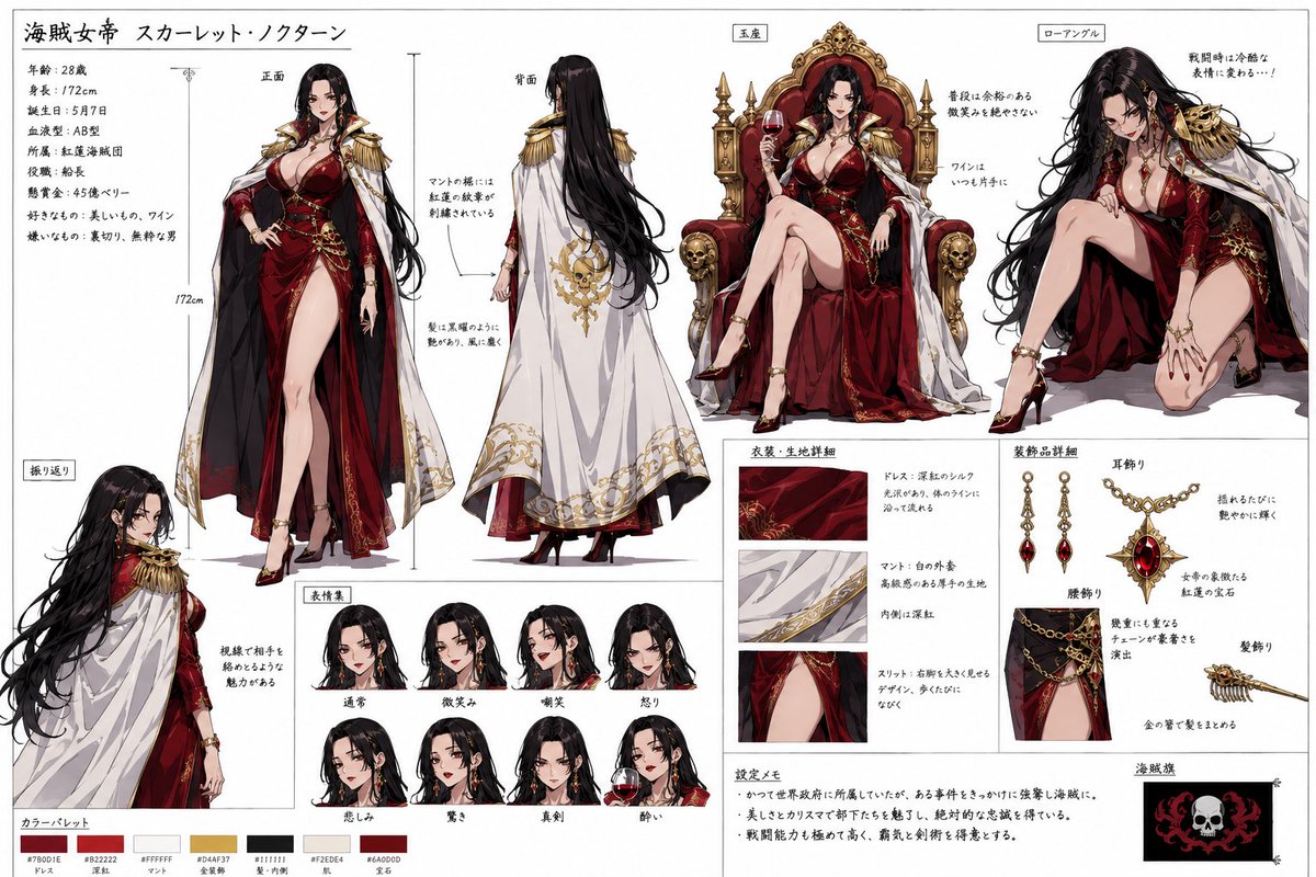 专业日本动漫工作室角色设定表：诱人的海盗女帝，拥有黑色长丝发，深红色长裙搭配高开股叉，金色海军肩垫，优雅白色披风，高跟鞋，自信诱人表情。包含正面姿势、背面姿势、坐王座姿势、低角度蹲伏姿势、回头...