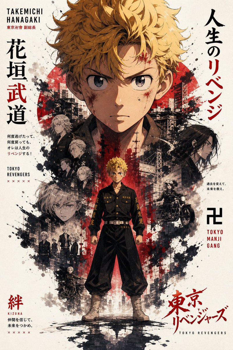 东京复仇者宣传海报, 花垣武道, Tokyo revengera, 标志性宣传风格的艺术再创作, 花垣武道头部的标志性大视觉、面部特征、面具式构图或半身剪影, 主导性符号焦点, 全身花垣武道呈...
