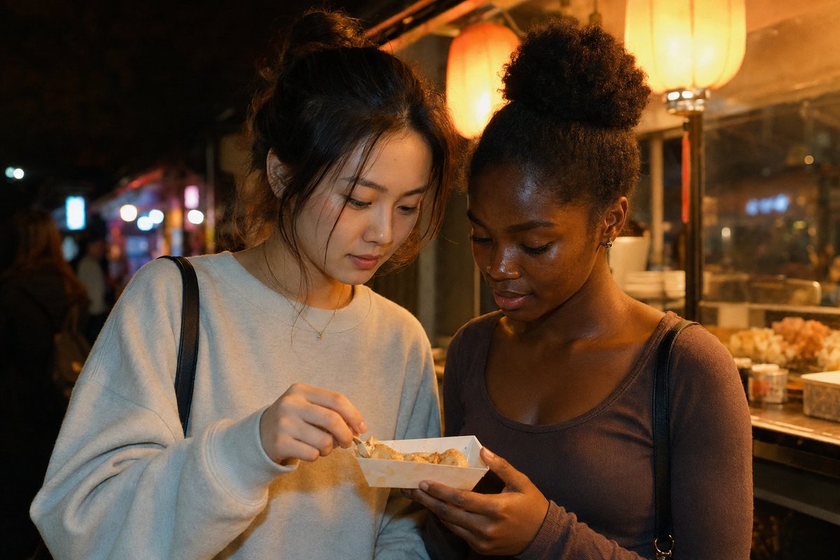 GPT Image 2 对比 MJ 8.1 夜市闲聊：Prompt 👇👇👇 GPT Image 2： A medium shot of two young women standing clo...