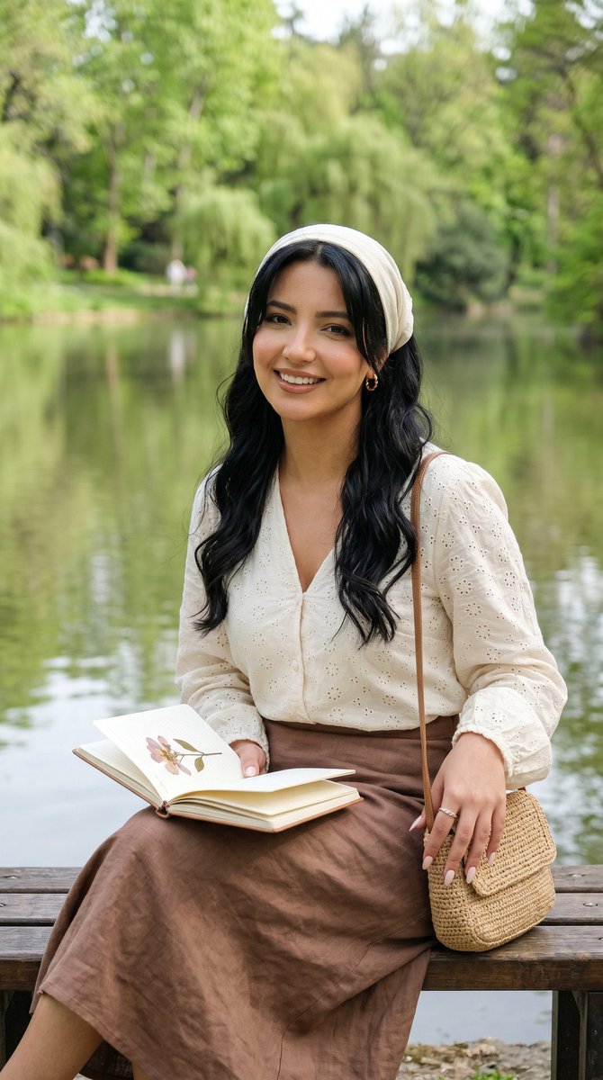 reference woman, peaceful natural smile, calm reflective gaze, loose natural waves under a soft...