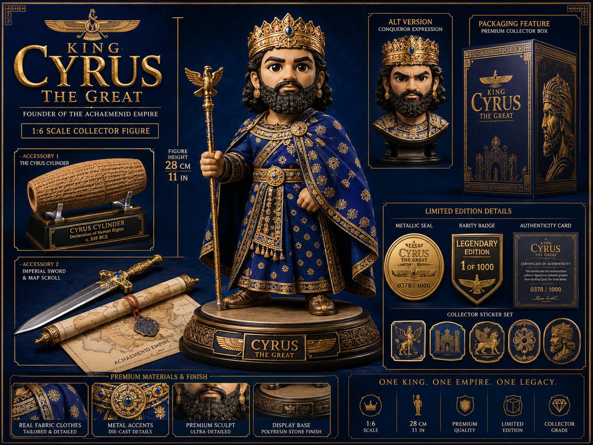 为 King Cyrus 设计：4:3 AR：设计一个收藏级发布视觉，展示 [toy/figure/character]（玩具/手办/角色）的全新英雄形态，并包含可互换配件、替换表情、包装设计...