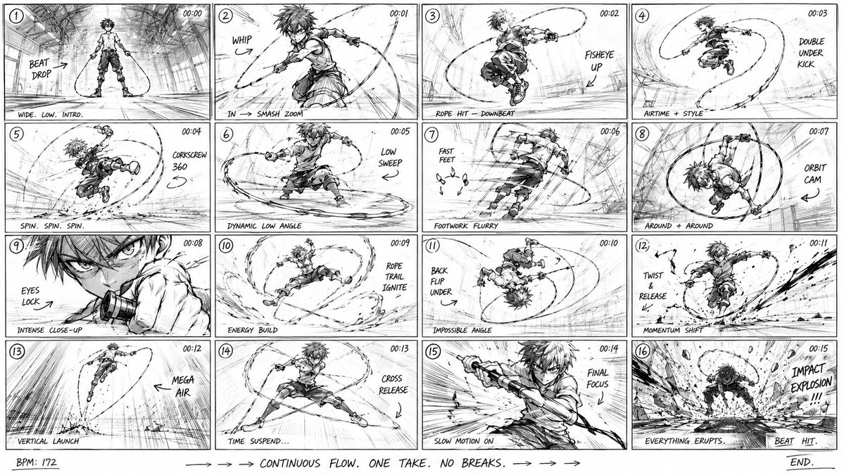 创建一个超动态 16:9 动漫跳绳故事板，以 16 格分镜序列呈现，画风为粗犷动感的漫画草图，线条凌乱且具有攻击性，剪影强烈，充满原始的作画（sakuga）能量。一名年轻的运动型动漫角色在一座...