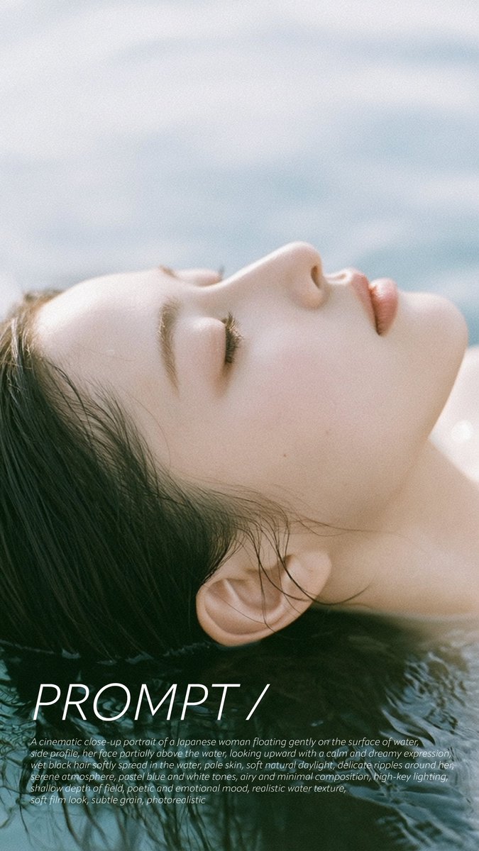 电影感特写肖像：一位日本女性轻柔地漂浮在水面上，侧面视角，她的脸部微微露出水面，向上凝视，神情平静而梦幻，湿润的黑色头发柔软地散开于水中，苍白的肌肤，柔和的自然日光，水面泛起细腻的涟漪，整体氛...
