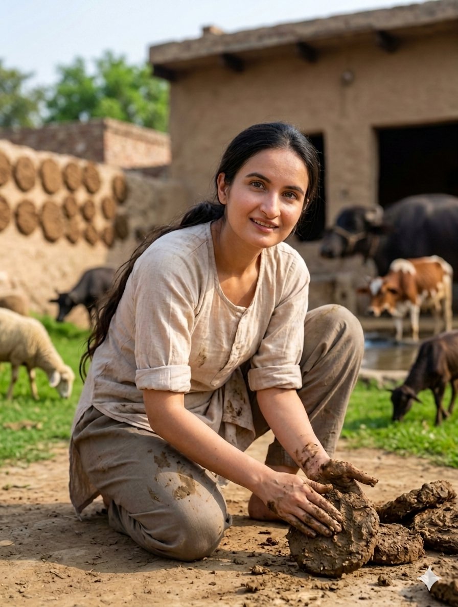 photorealistic_cinematic, 1.0, 8k_uhd, 4:5, shaping_animal_dung_cakes_by_hand, 女性, South Asian /...