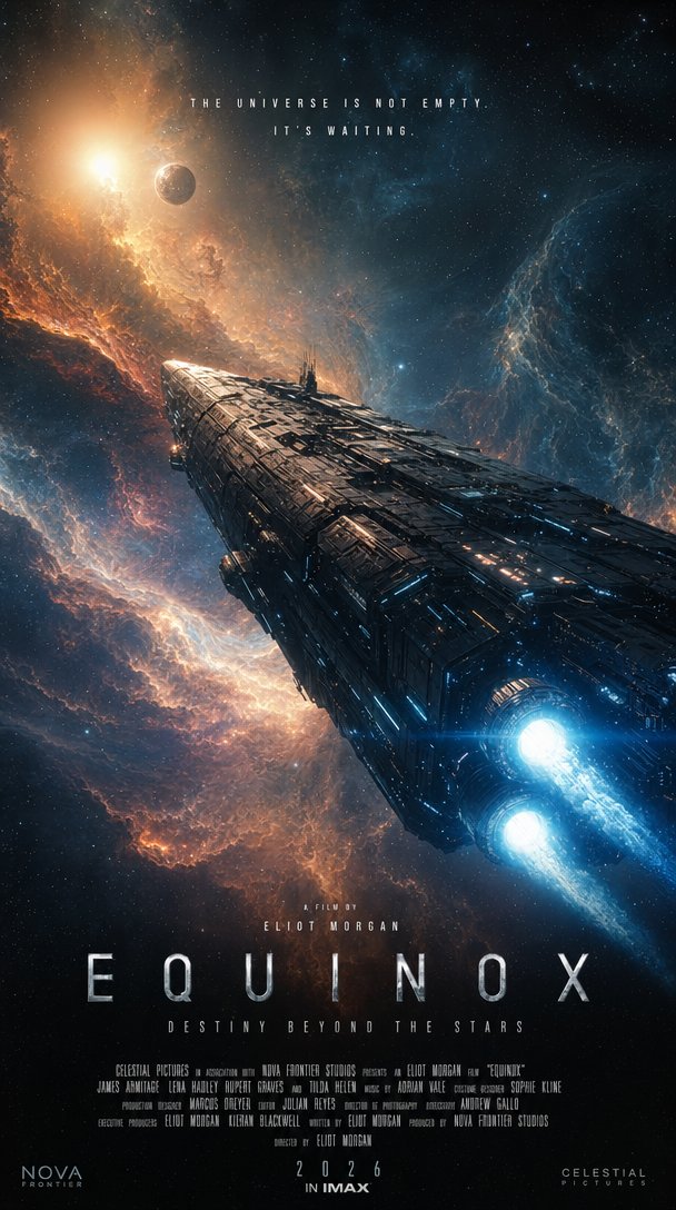 IMAX 电影海报,科幻史诗题材,画面中一艘整体式高科技飞船,装配发光离子推进器,穿越绚丽的宇宙星云。船体细节超写实,戏剧化的电影级光影,变形镜头光晕反射出遥远的恒星。背景为广袤深空,闪烁的星...