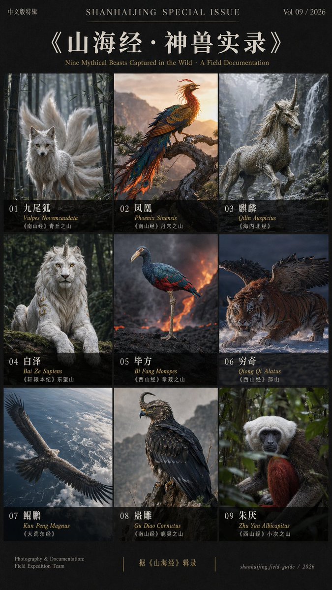 好！好！好！👌 山海经也是可以开拍了📺 GPT- image 2 还原真实山海经神兽，大家看对不对呀❓ 使用 josn 格式生成，prompt 👇 { "type": "9:16 竖版山海经神...