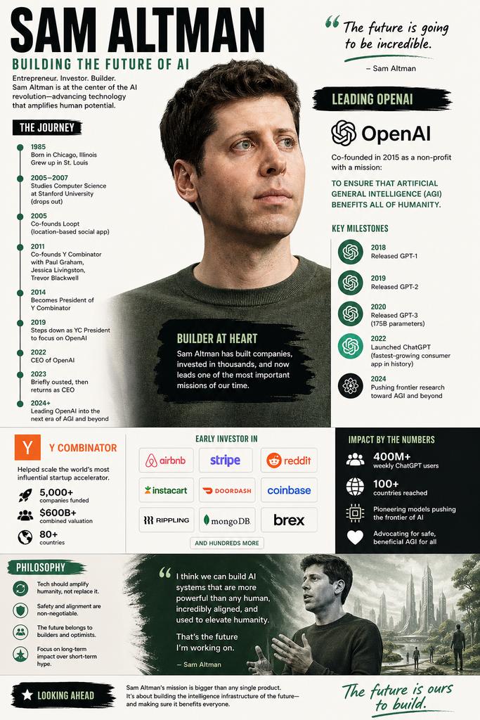 创建一个关于 Sam Altman 的视觉丰富的信息图。首先研究他的生平、主要成就、职业里程碑、哲学理念以及对 AI 和技术的独特影响。通过带注释的视觉元素和结构化的标注框来呈现信息,不要使用...