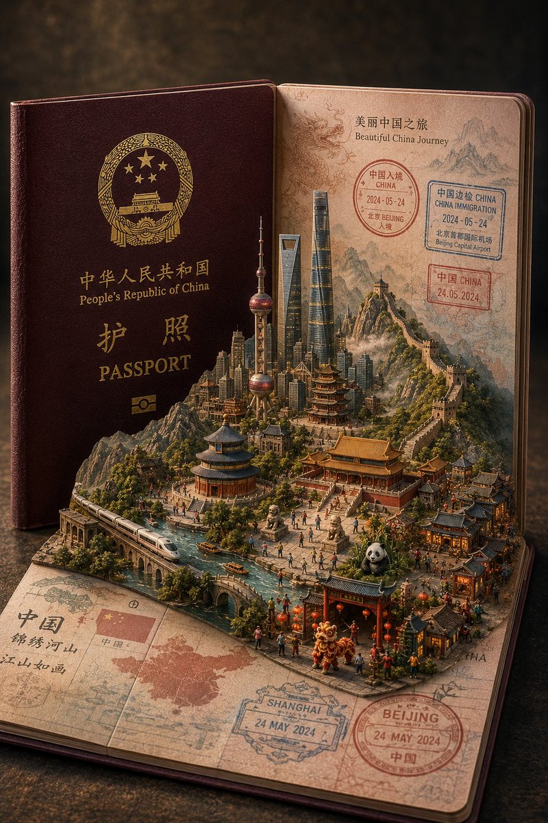 GPT Image 2 在 @insmind_com 上 提示 ⬇️ 超精细的电影感微缩立体场景，置于一本打开的 [Country] 护照内，设计成仿佛从书页中浮现的魔法立体世界。护照封面采用...