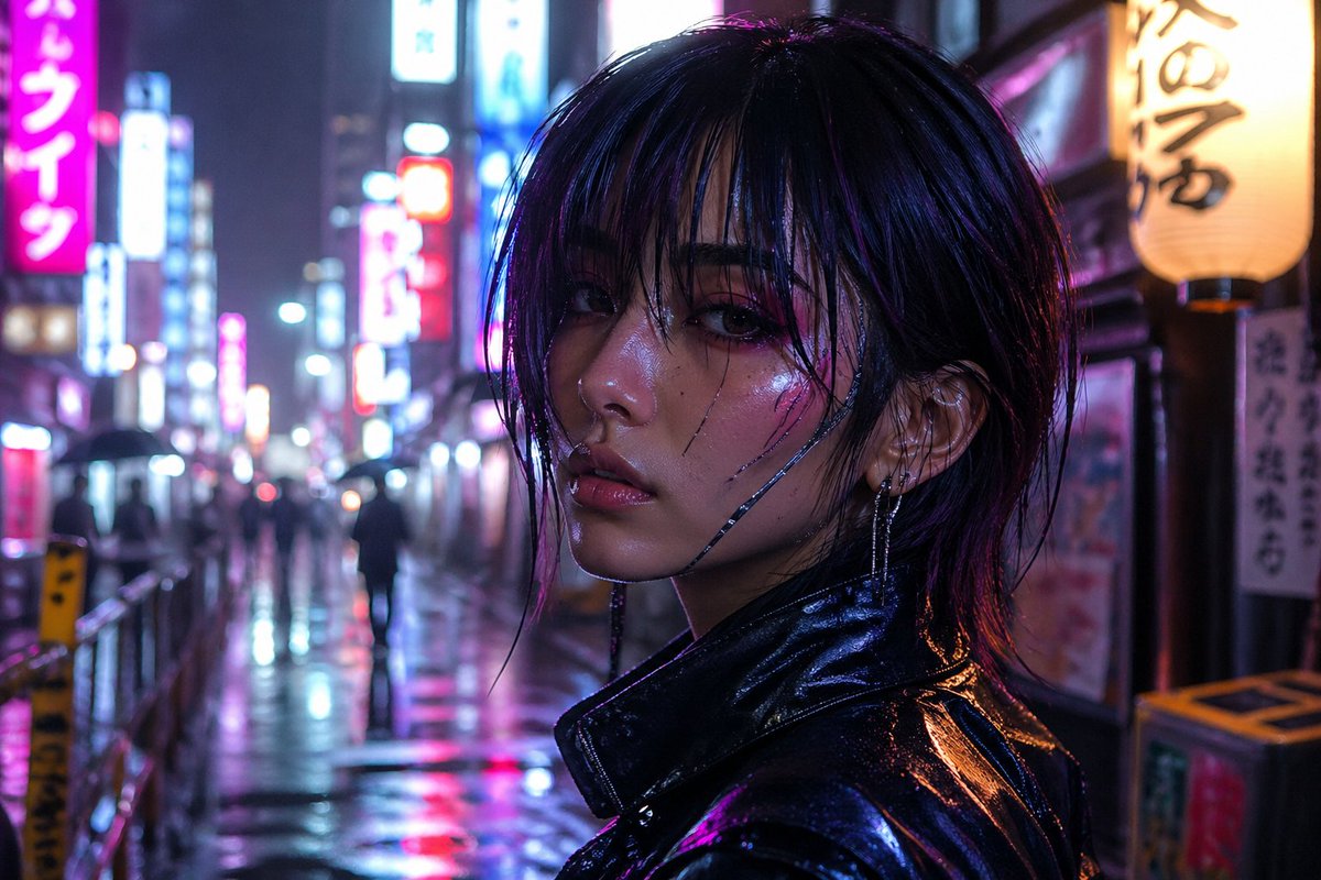 一张赛博朋克女性的高度写实肖像， 霓虹灯光映照在她的脸上， 夜晚雨中的东京街头， 电影级光线，超精细的皮肤质感， 索尼 A7R IV 拍摄，85mm 镜头， 浅景深，背景虚化，8k https...