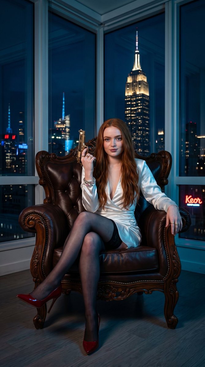 一位惊艳动人的美国女性西德妮·斯威尼（Sydney Sweeney），留着飘逸的深金色长发，有着锐利勾魂的眼睛和无瑕肌肤，撩人地斜靠在一张雕花木质细节、华丽考究的深红色簇绒皮革大扶手椅上。她身...