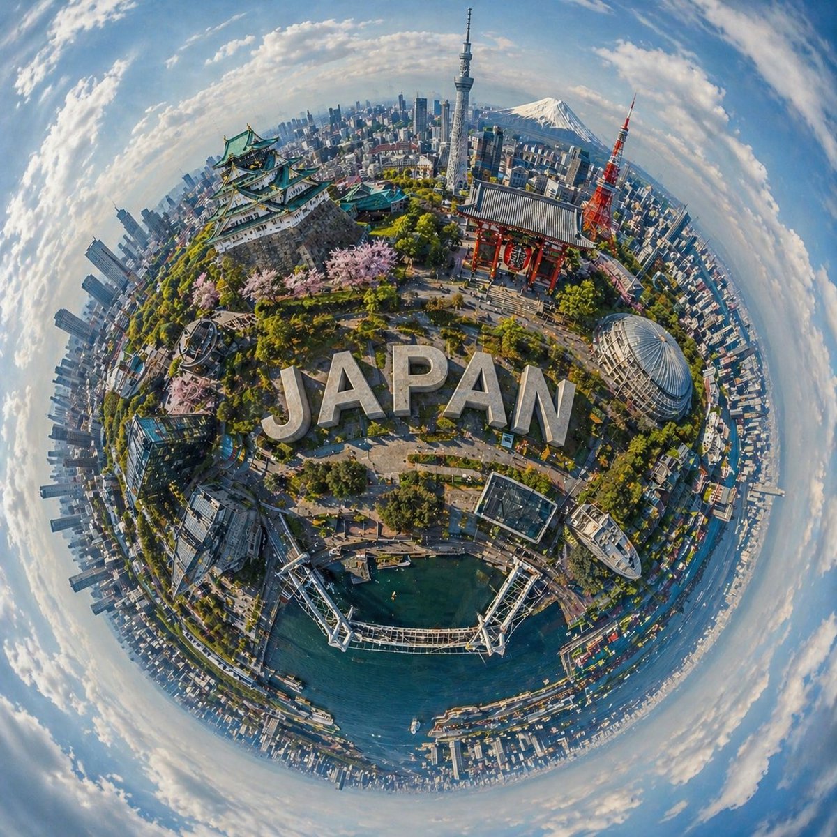 创建一个超现实的、梦幻般的球形全景图，展现[城市名称]，将其最具标志性的地标和建筑无缝地环绕在类行星球体的顶部，形成一个统一的袖珍世界。 将书写着“[城市名称]”的简约现代 3D 字体自然地融...
