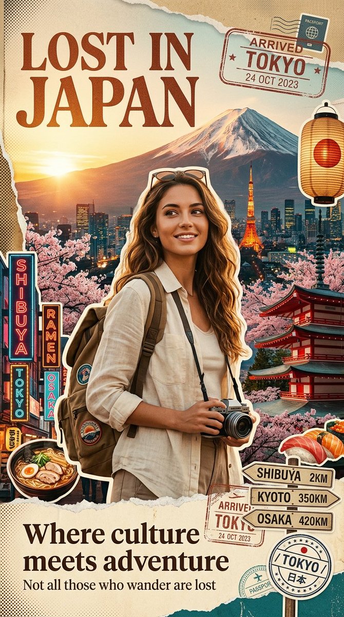 GPT Image 2 on ChatGPT 提示词如下 👇 为日本（JAPAN）创作一张高级的风格化旅行海报 / 图形拼贴。 主体必须是时尚的国际女性游客（年轻女性，女性化的脸庞，长发，身材...