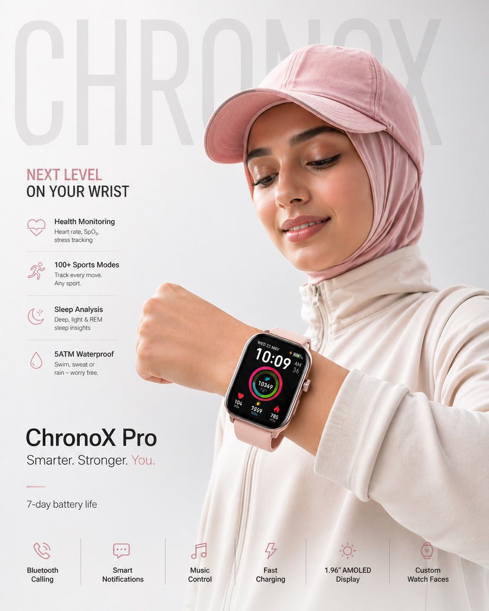 “ChronoX Pro”智能手表的高端极简产品海报。 构图： 布局干净、平衡，留白充足。产品与人物是绝对焦点。无杂乱元素，无多余物件。 前景： 手腕上的智能手表超高清特写，微微朝向镜头。屏幕...