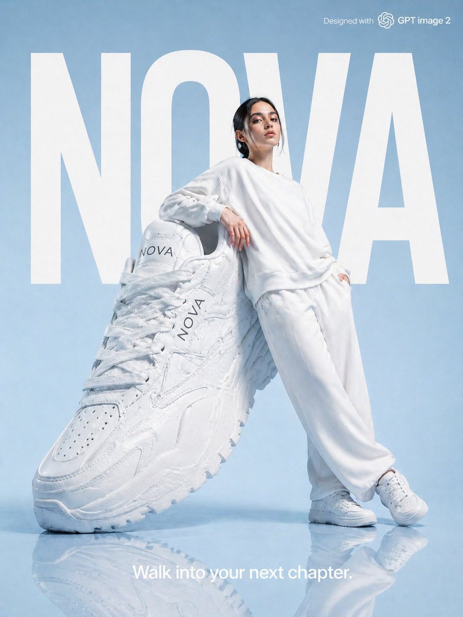 "NOVA"运动鞋品牌的高端时尚广告宣传照片。 一位年轻女性身穿全白色宽松服装，倚靠在一只巨大的超大白鞋道具上，柔和的天空蓝摄影棚背景，背景中填满醒目的巨大白色"NOVA"字体，底部标语"Wa...