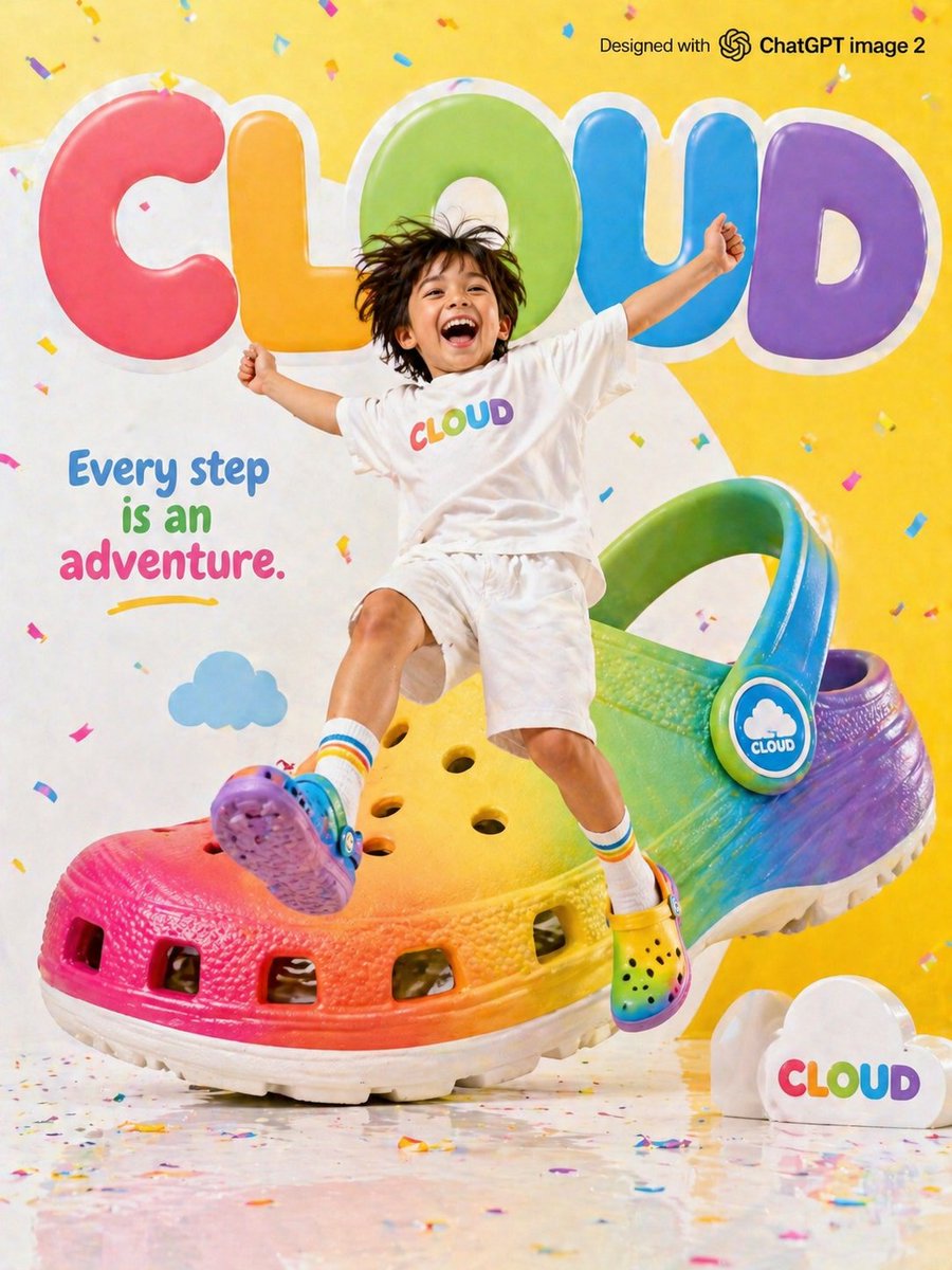 明亮多彩的儿童鞋品牌广告，画面中"CLOUD（云朵）"品牌，一个快乐的小孩穿着超大彩色泡沫鞋在空中跳跃，背景是巨大的彩虹色鞋子道具，明亮的黄白配色摄影棚背景，背景中带有俏皮、泡泡感、粗体的"C...