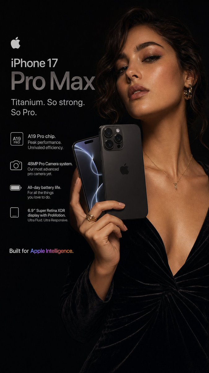一张超写实的 Apple iPhone 17 Pro Max 广告大片，采用暗调、情绪化的编辑风格。一位年轻时髦的女性，肤色温暖，深棕色头发柔和上梳，身穿灰紫红色丝绒一字肩迷你连衣裙，搭配过膝...