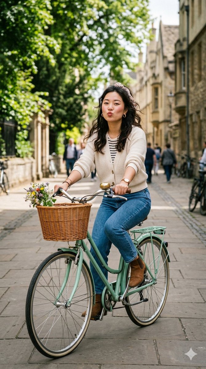 一张高分辨率、抓拍式的生活风格照片：一位时尚年轻女性骑着复古薄荷绿巡航自行车行驶在欧洲一条鹅卵石街道上。她直视镜头，摆出俏皮的"鸭子嘴"嘟嘴表情。她身穿米色罗纹开襟羊毛衫，内搭条纹衬衫，下身穿...