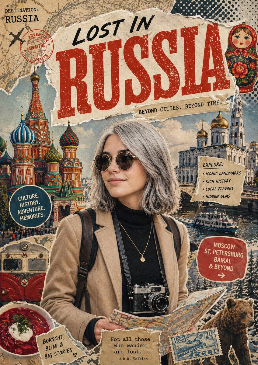 为 [country] 创作一张风格化的旅行海报 / 图形拼贴作品。主要主体应是一位时尚的国际游客，正在游览 [country]，需明确呈现为旅行者而非当地居民。展示该游客身穿现代旅行服饰，配...