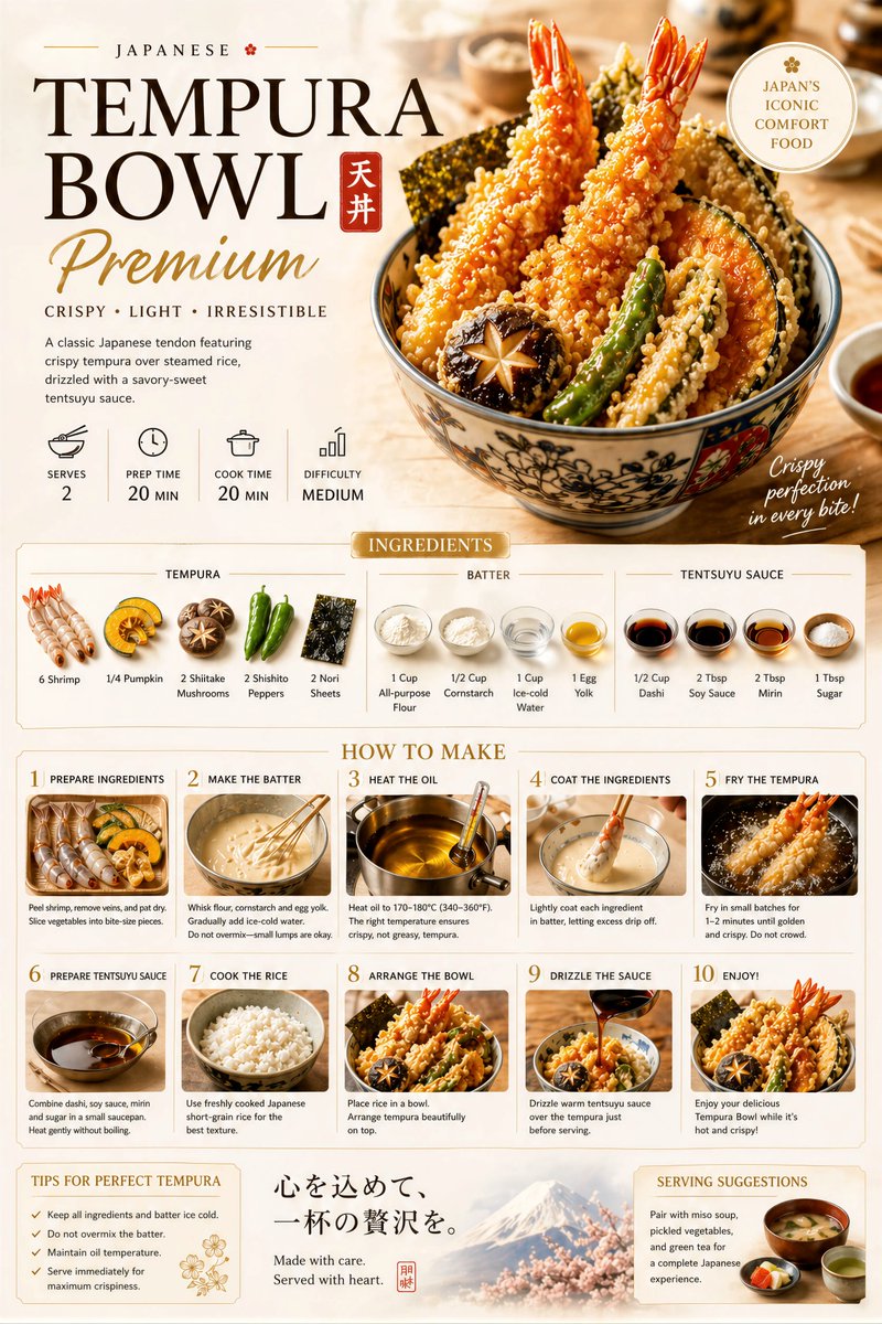GPT Image 2 简直离谱。 只需一个简单的提示词，它就能生成一整套高级食谱海报，包括食材、步骤、设计，应有尽有。 这已经不再是图像生成了。 这是创意的魔法。🧙‍♂️💫 快来试试吧！😋🍤...