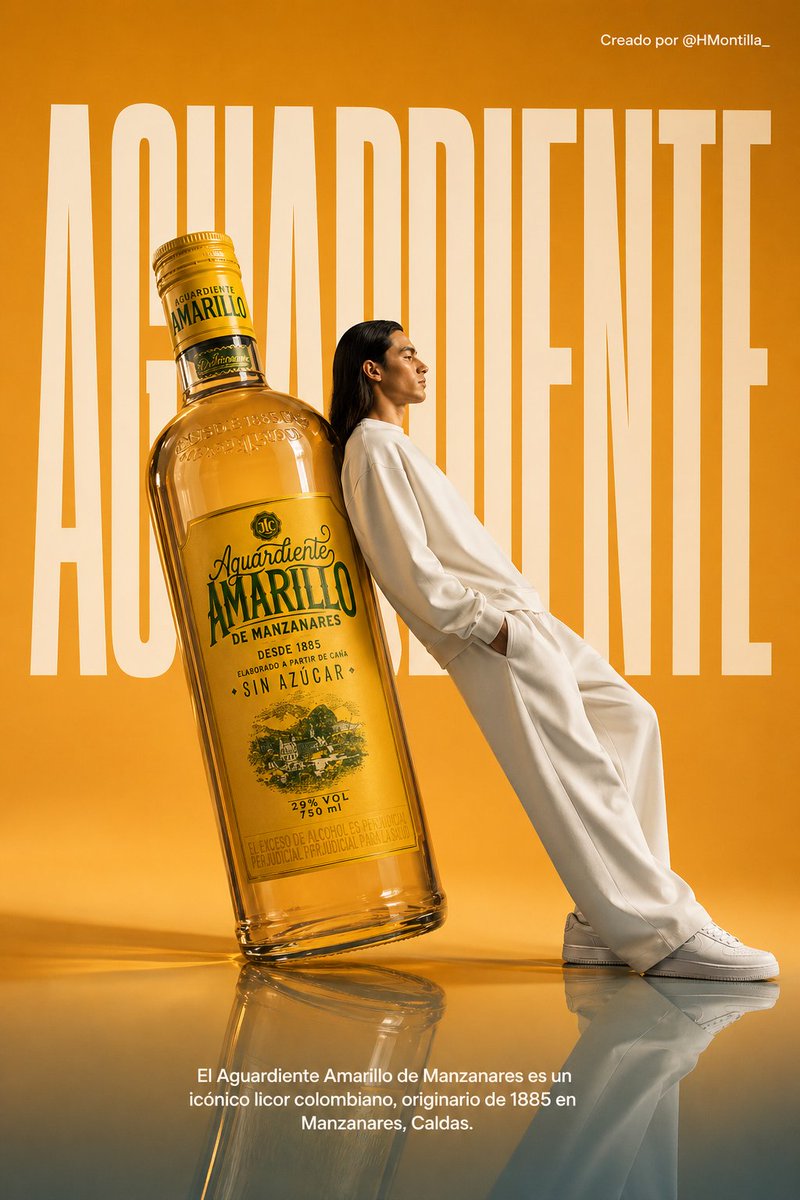 一张为黄阿吉迪恩特酒（Aguardiente Amarillo）创作的超现实主义高级时装广告海报。场景设置在一间极简主义、单色浅橙色的工作室中，地面为半反光材质。核心焦点是一瓶体型巨大无比的黄...