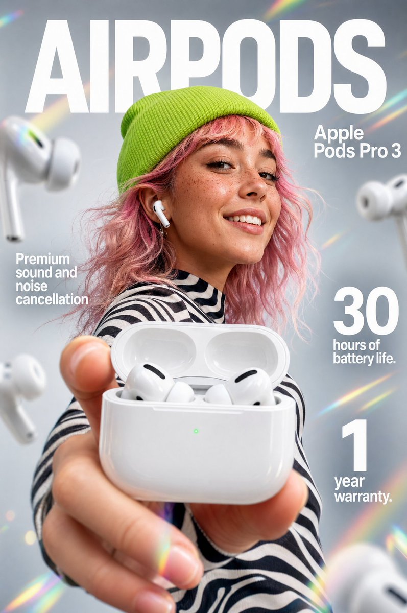 高冲击力电商信息图，适用于"Apple Pods Pro 3"无线耳机。 前景：极近特写镜头，一只手持着一个打开的、光泽感的白色无线耳机充电盒，朝向相机。盒内是两只线条流畅的白色耳机，带有黑色...