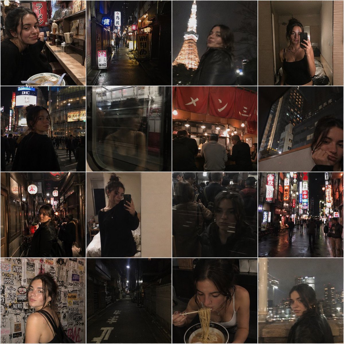 4x4 网格的 candid iPhone 照片，主题是一位年轻女子独自旅行东京和巴黎。拉面店、霓虹小巷、列车车窗倒影、酒店镜面自拍。带有相机抖动和复古胶片颗粒感。https://t.co/W...