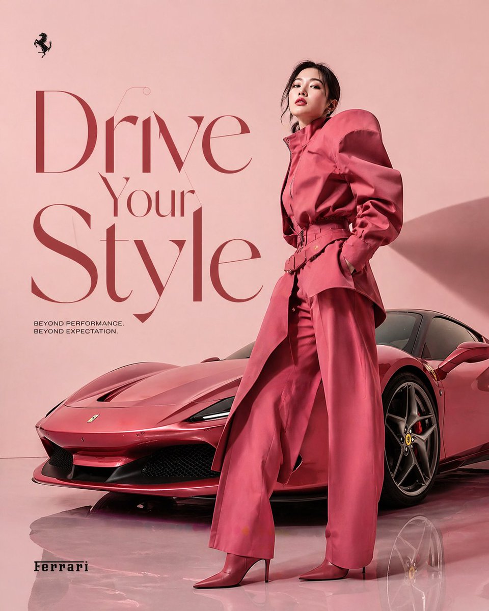 创作一幅高级时尚的编辑级广告画面，主角为一位韩国女模特。模特需摆出充满动感与张力的姿势，散发出自信与优雅的气质，身着前卫的服饰，服饰颜色与画面中显著展示的一辆流线型法拉利跑车完美呼应。场景采用...