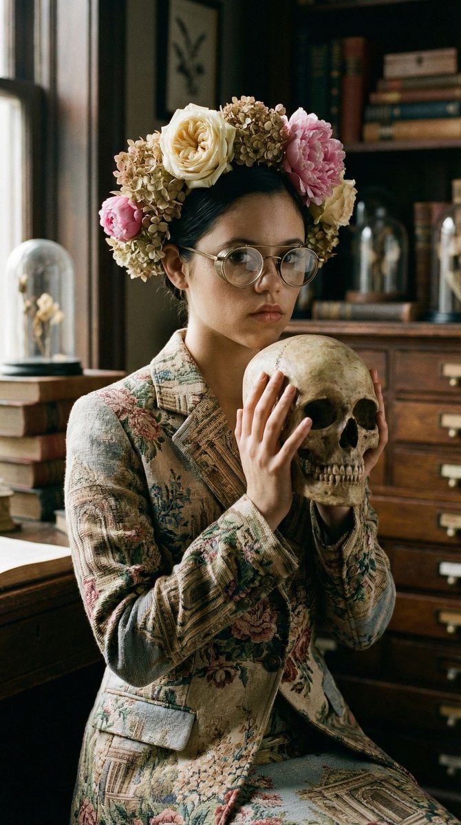 女性, Young Protagonist, Universal / Ambiguous, Neutral expression, piercing gaze through glasses,...