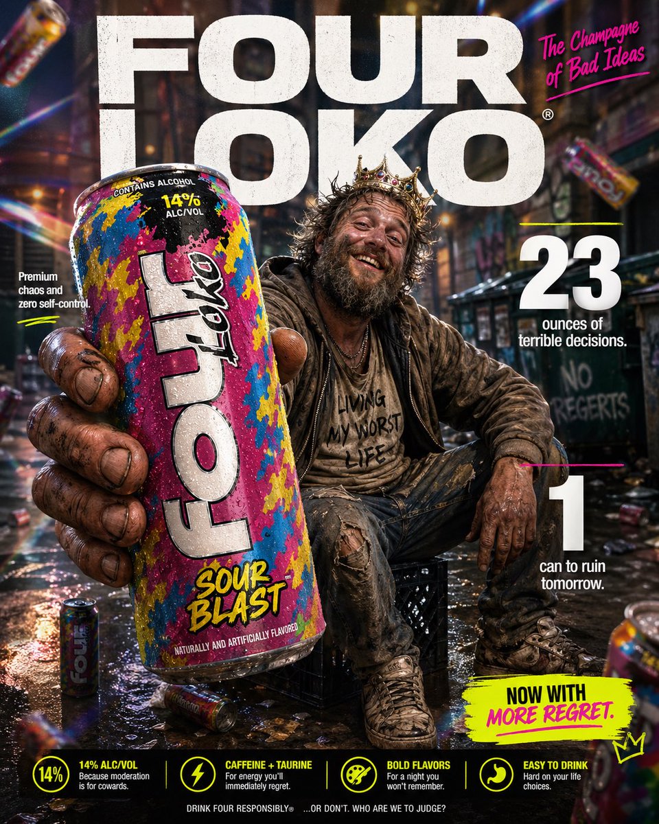 四洛克（Four Loko）麦芽酒的高冲击力恶搞电商信息图。前景：粗糙饱经风霜的手的极致特写，手向镜头举着一罐高大、色彩鲜艳的四洛克酒罐。酒罐因低温带有可见的冷凝水珠，罐身印有张扬、杂乱的风味...