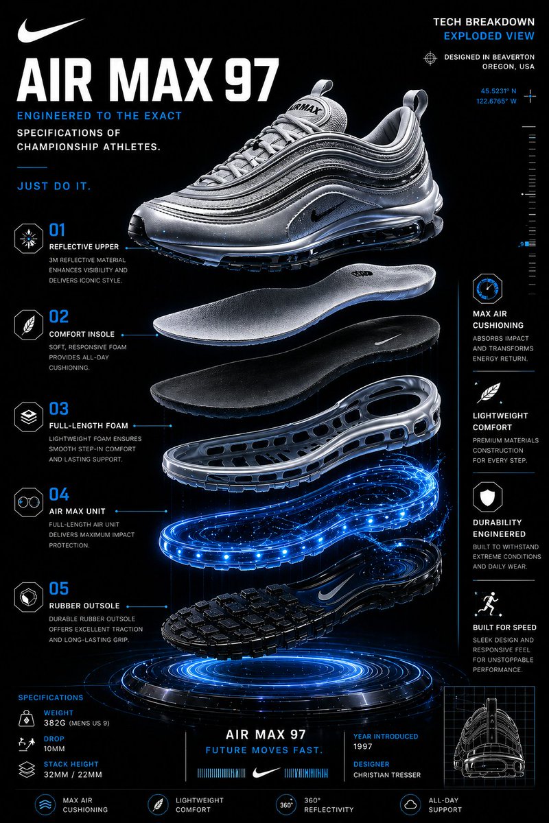 高端 Nike Air Max 97 未来科技信息图海报,深色高级质感环境。 核心视觉: Nike Air Max 97 运动鞋的高细节爆炸视图,悬浮于空中,各层垂直分离: - 鞋面网布层 -...